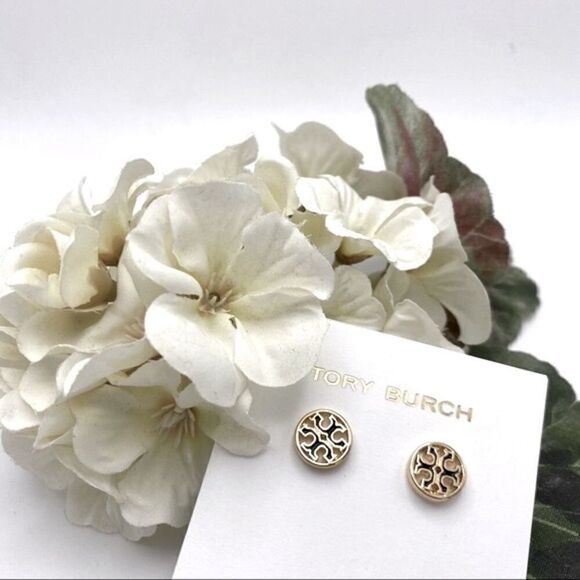 New Tory Burch Gold, Black Outline Round Stud Earrings - Picture 2 of 8